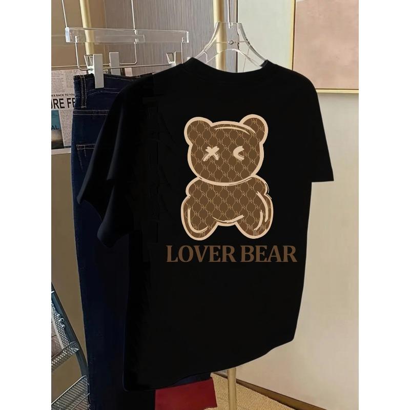 European Size LOVER BEAR, Bear Couple Print Tshirt Short Sleeve Crew Neck Casual Top for Summer Spring, Women's Clothing