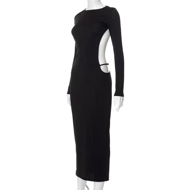 Elegante Vestido Midi Sexy sin Espalda con Aberturas de Manga Larga para Fiesta Club para Primavera Verano Caluroso