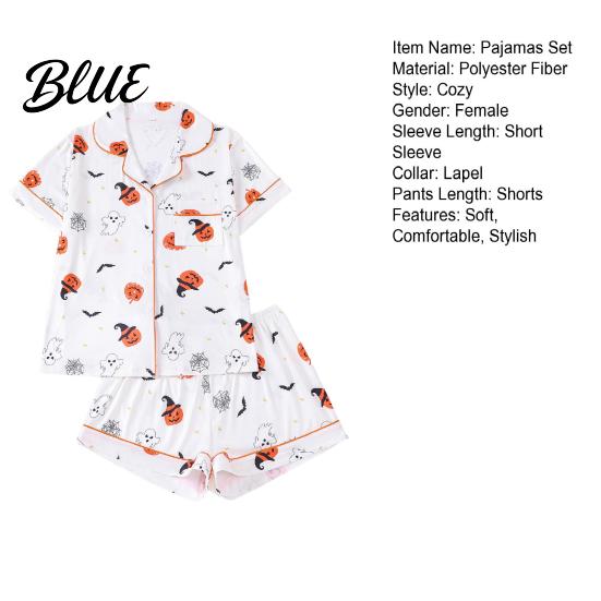 Women Button-up Pajama Set Women's Halloween Pajamas Sets 2 Piece Ghost Pumpkin Print Shirts Loose