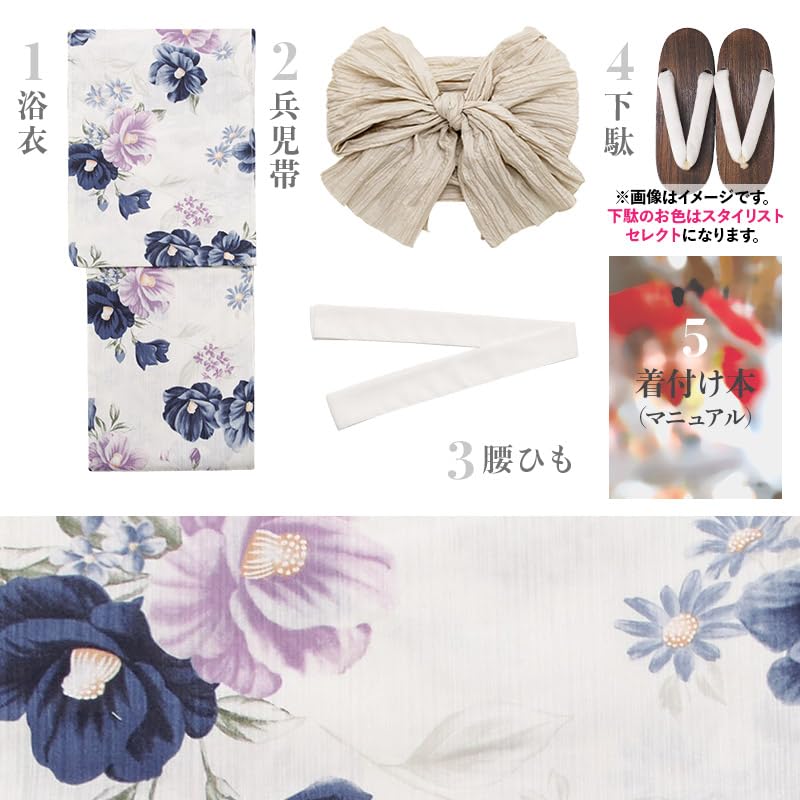 Yukata Heiko Obi Large Camellia Flower Easy to Wear by One Person no Suigetsu FREE (Dita) Women's 5-Piece Set (Sash), Blue, Pink, Purple, White,