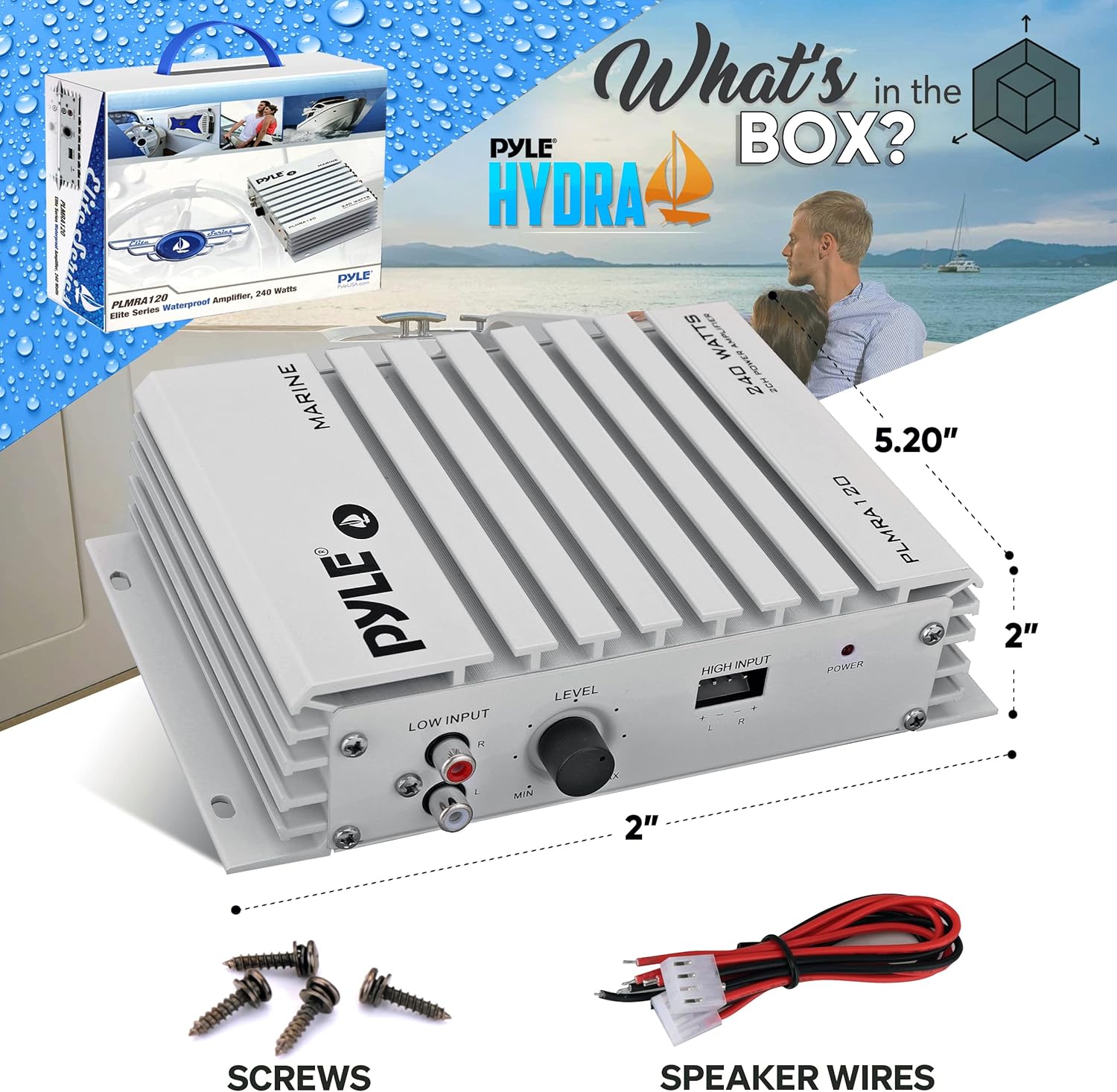 

Hydra Marine Elite Series 240W 4-Ch Audio Amplifier - Waterproof, 4-8 Ohm, RCA Input, LED Indicator United States