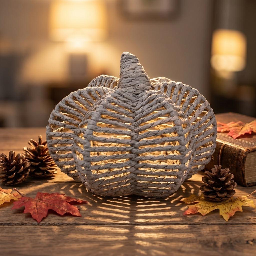 Woven Pumpkin Decoration for Tabletop - Rustic Fall Home Decor Ornament with, 3D Shape
