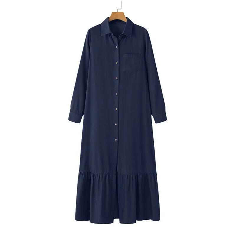 Women's Long Sleeved Loose Denim Dress with Lapel Button Up Cardigan Solid Color Casual Loose Denim Long Dress