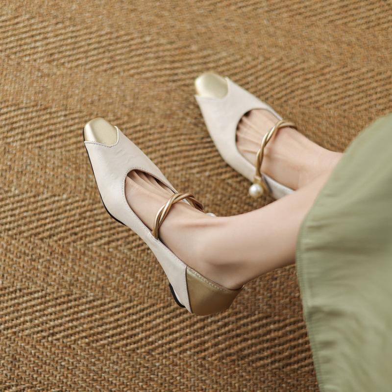 New Women's Fashion Single Shoes Women's Leather Shoes Foot Cover Casual Low Heel Solid Color Wedge Heel Shoes Four Seasons Wear Women's Shoes Rou