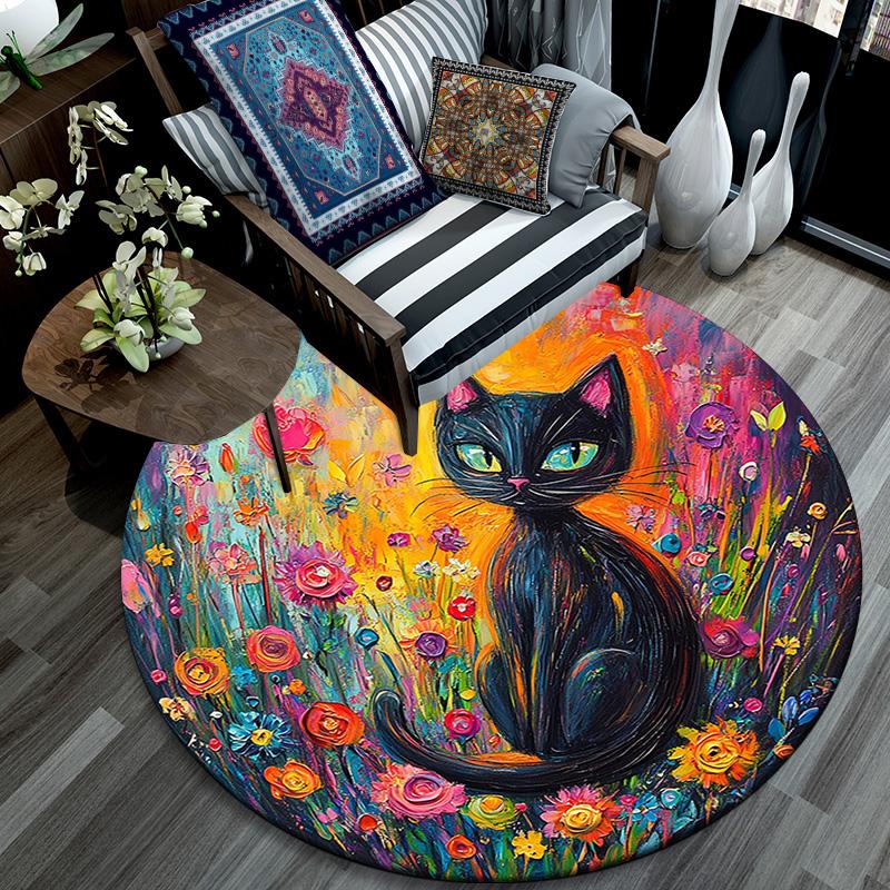 Black Cat in Flowers Round Area Rug,Carpet Rug for Living Room Bedroom Sofa Playroom Decor,Non-slip Floor Mat