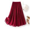 Damen Weinrot Fließender Chiffon Midi-Rock - Hochtaillierter Plissee-Schirmrock mit Elegantem Glanz