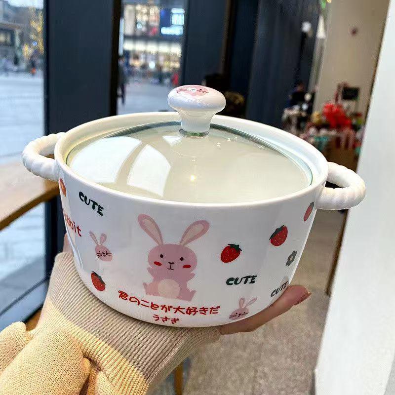 Korean Style Cute Heart Ceramic Noodle Bowl with Lid for Dorm or Bedroom Microwave Use