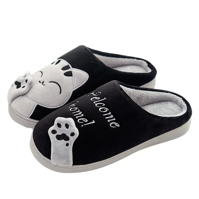 Women Winter Warm Slippers Cartoon Cat Shoes Furry Plush Slides Round Toe Flats Indoor Home Bedroom Floor Slippers Ladies Shoe