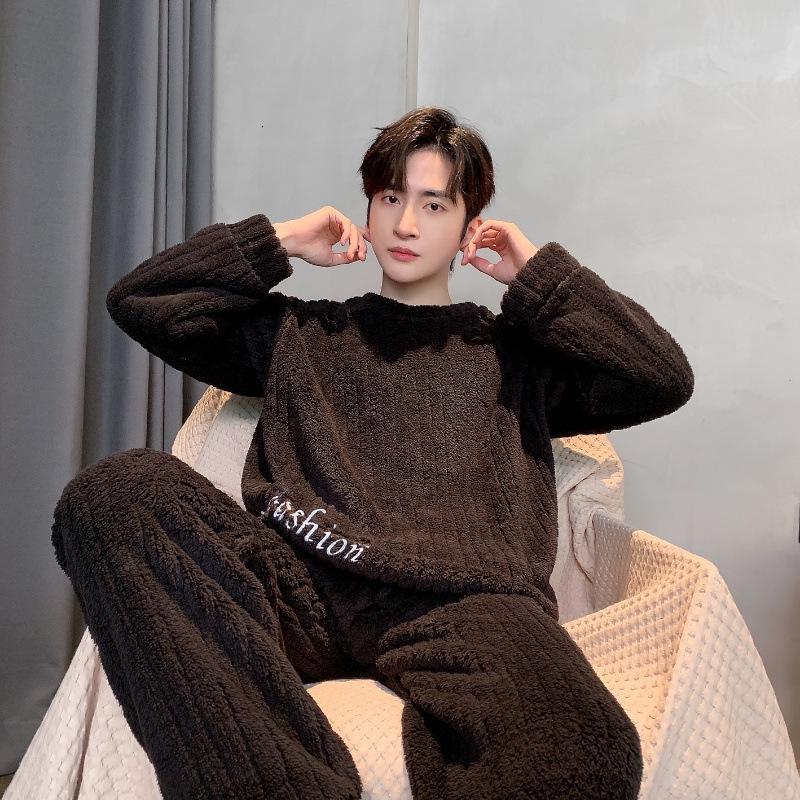 Men's Winter Coral Fleece Pajamas: Outdoor Wearable, Thickened Flannel, One-Piece Home Clothing