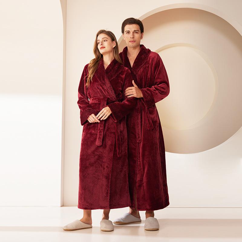 Plus Size Men's Autumn Winter Thicken Warm Flannel Robe Couple's Long Lace Up Bathrobe with Pockets