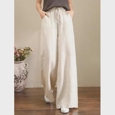 Damenhose aus Leinen mit hoher Taille und weitem Bein – Weiß, große Größe, Slim Fit, Kordelzug, Baumwollmischung