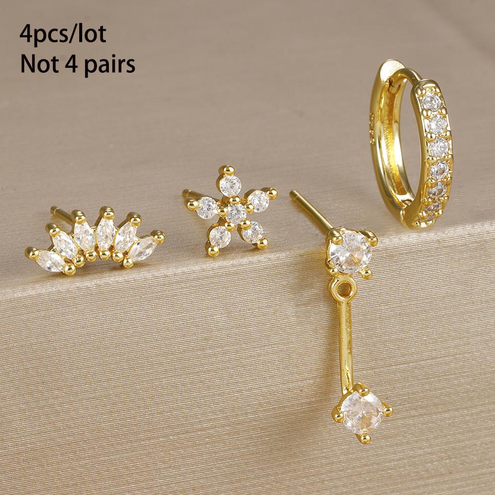 4-teiliges Set Huggie Hoop Ohrringe aus Edelstahl für Damen, Goldfarbe, Einzigartige Zirkonia Blume Ohrstecker Piercing Schmuck