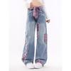 Women's Plaid Patchwork Wide-Leg Jeans with Bow Tie - Trendy Spring Casual Trousers
