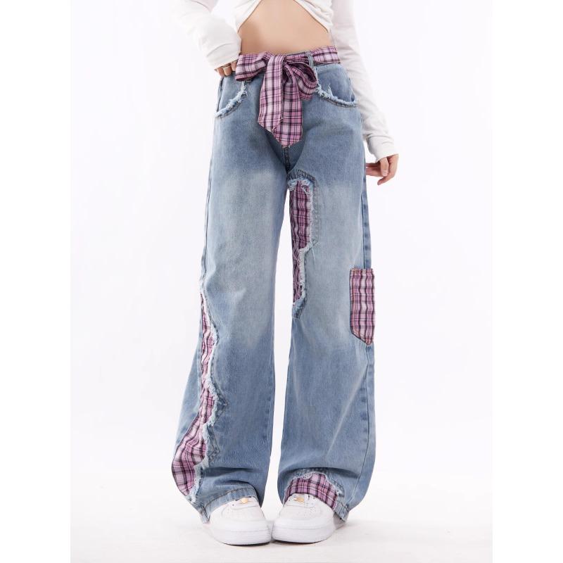 Women's Plaid Patchwork Wide-Leg Jeans with Bow Tie - Trendy Spring Casual Trousers