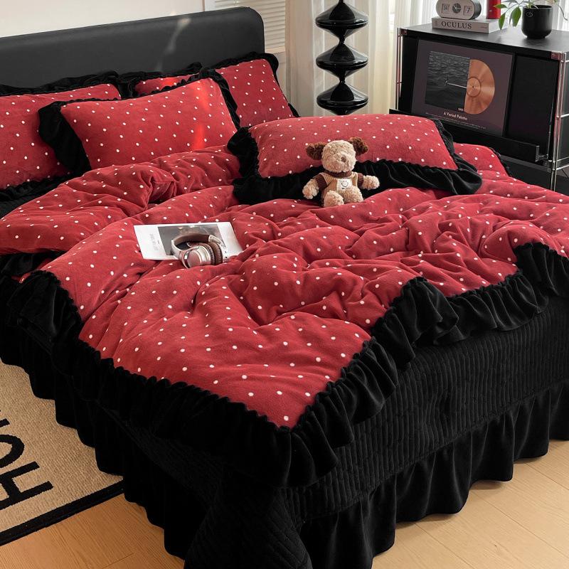 Xiaohongshu Popular Thickened Milk Fleece Bed Cover Bed Skirt Four-Piece Set Farai Fleece Warm Quilt Cover Bed Hat