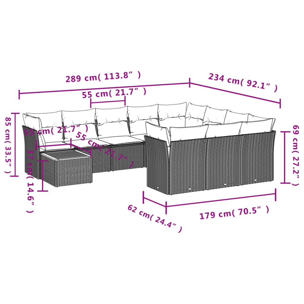 Vidaxl 11-Cz. Garten-Sitzgruppe, Kissen Schwarzer Rattan Pe