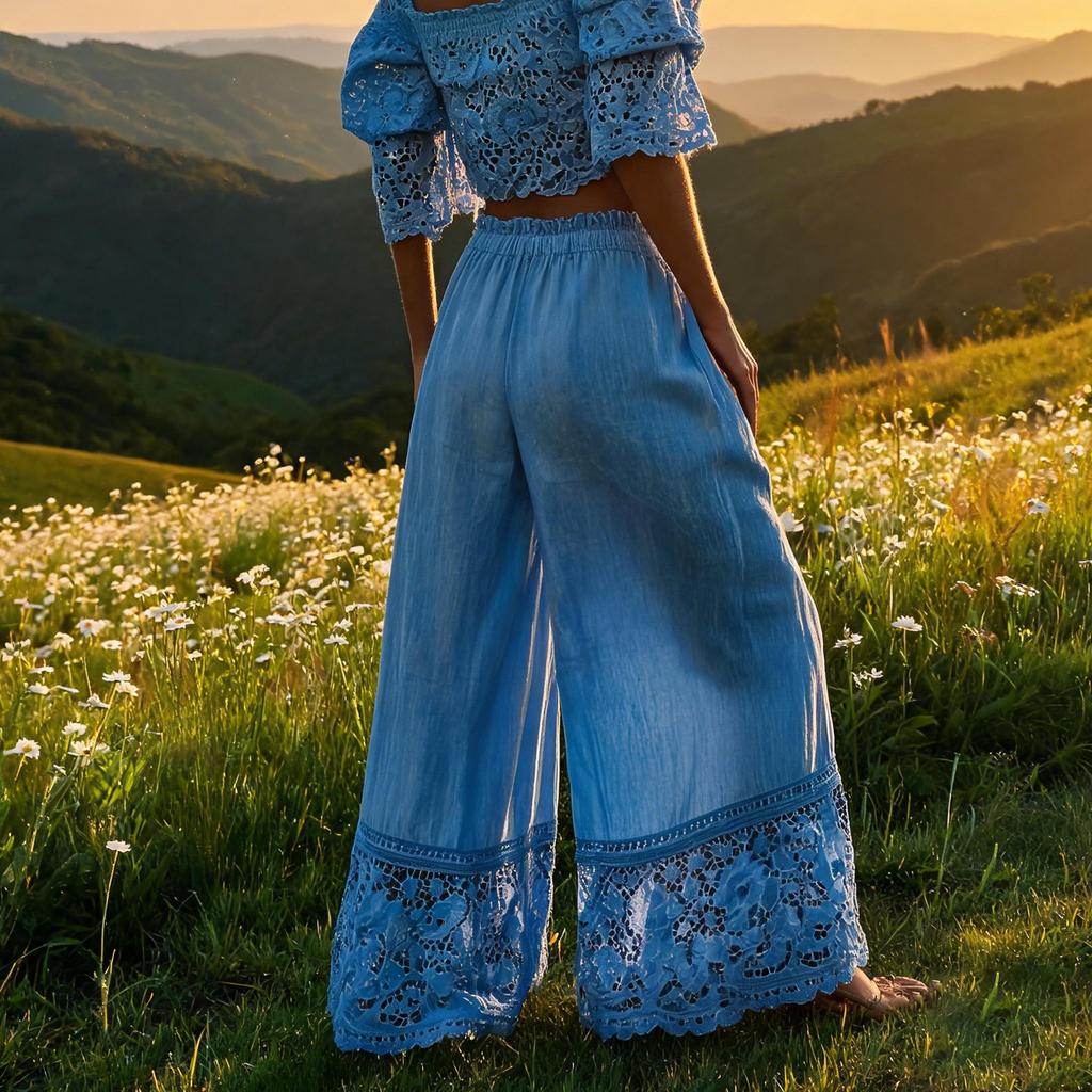 Women's Fashion Color Loose Linen Feel Wide Leg Pants with Lace Trim, Casual Trousers