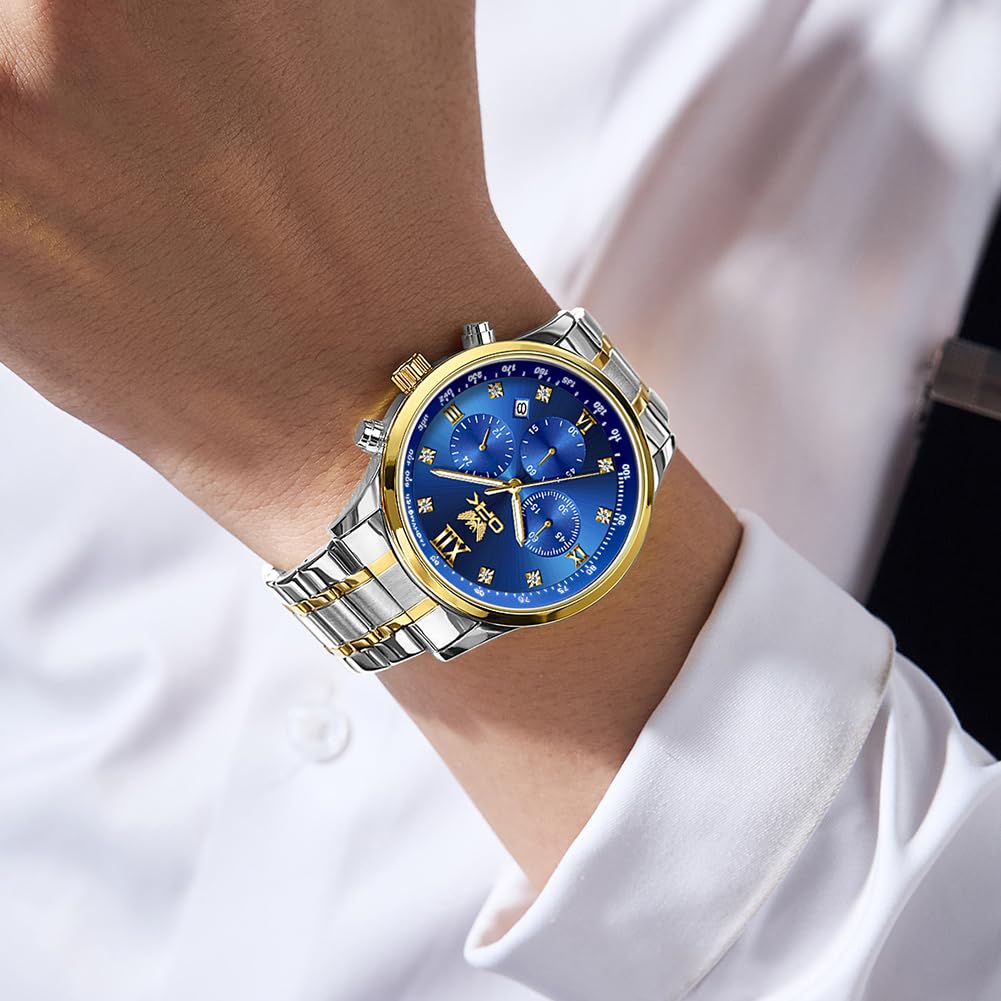 OPK Quartz Watch with Date Luminous Stainless Steel Watch for School or Gold Blue Men's Display, Waterproof, Diamonds, Stylish, Fashionable, Classic,