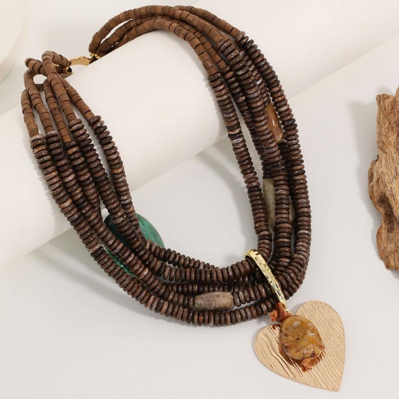 Statement Beads Necklace with Heart Pendant Multi-layer Handmade for Women Trendy Party Jewelry
