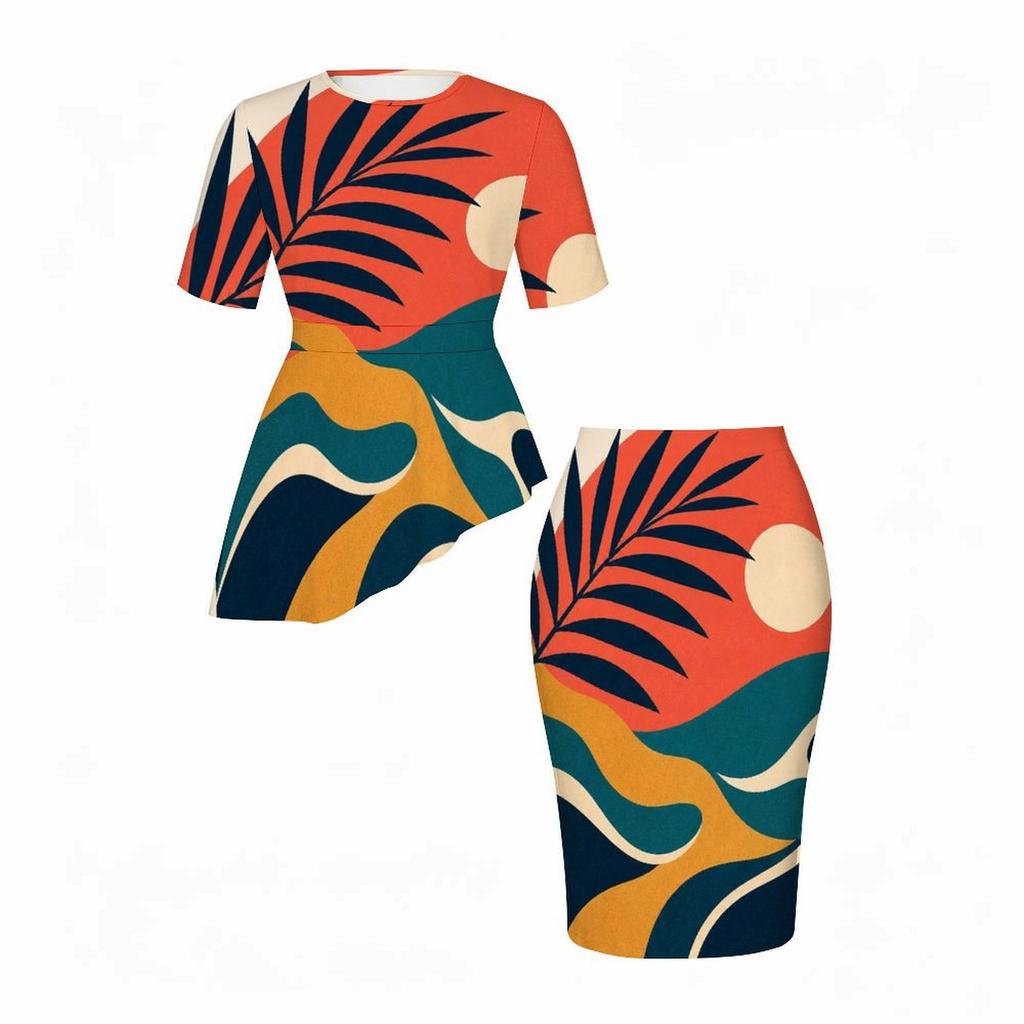 Women Plus Size Round Neck Short Sleeve Palm Tree Printed Gradient Asymmetric Top Fitted Skirt Two Piece Set