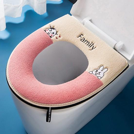 Toilet Mat Ultra Soft Keep Warm Cartoon Embroidery Summer Winter Toilet Seat Pad Closestool Warmer with Handle Bathroom Accessories