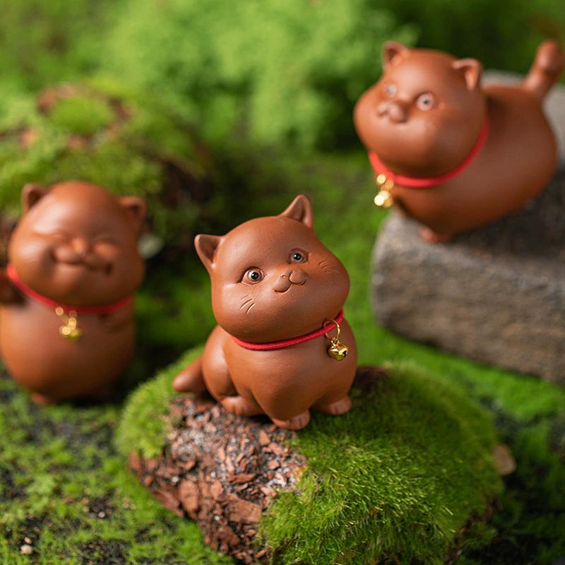 Lucky Bell Cat Tea Pet - Handmade Purple Sand Kitten Statue, Cute Office & Home Decoration, Chinese Style Gift