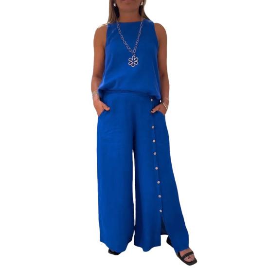 

Женский комплект из двух частей из хлопка и льна, топ без рукавов с круглым вырезом, широкие брюки с разрезом на пуговицах и карманами, повседневный комплект для отдыха M синий