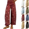 Calça Jeans Feminina de Perna Larga com Patchwork Estampado Floral e Efeito Desgastado