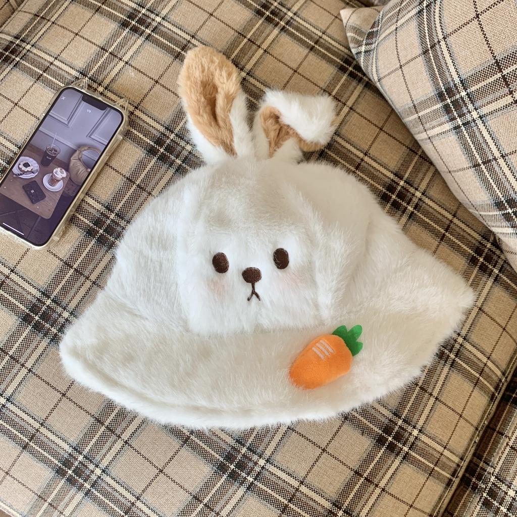 Rabbit ears plush hat women's autumn and winter warm big head circumference bucket hat cartoon college wind washbasin hat