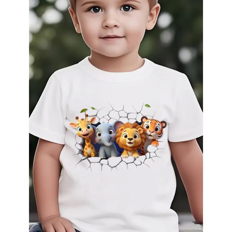 European sizes Summer Boys' Stylish Short-Sleeve T-Shirt Featuring Cartoon Prints of a Giraffe, Elephant, Lion, And Tiger Breaking Through a Wall