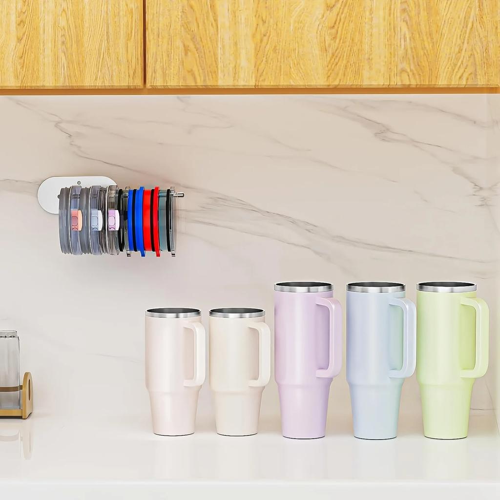 Tumbler Lid Organizer Space Saving Cup Lid Organizer Hook Self-Adhesive Drilling Tumbler Lid Storage Kitchen Organizer Storage