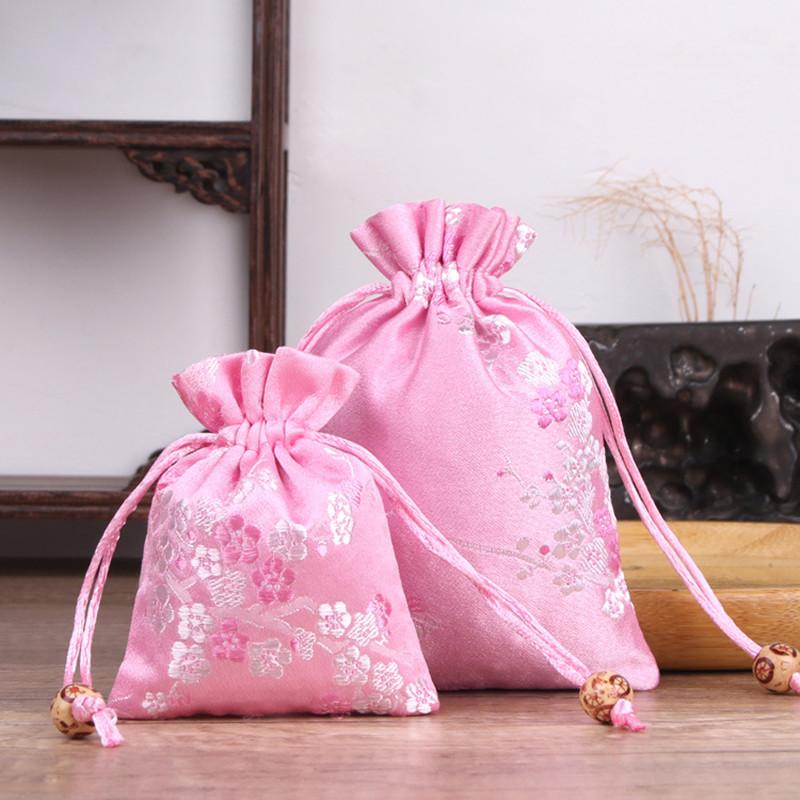 5/10 Pcs Flower Embroidery Wedding Gift Bags  Year Traditional Brocade Drawstring Storage Pouches Fabric Package 8x10/10x14cm