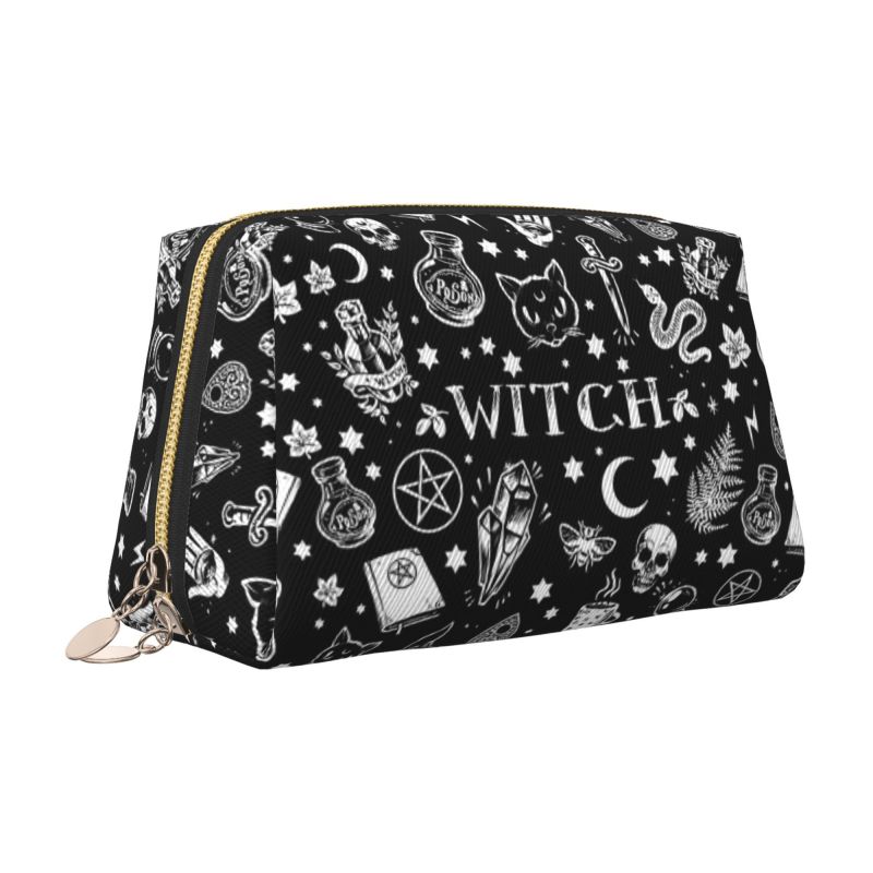 

Black Witch Skull Moon Divination Leather Makeup Bag Large Travel Cosmetic Organizer Bag for Women Waterproof Toiletries Pouch