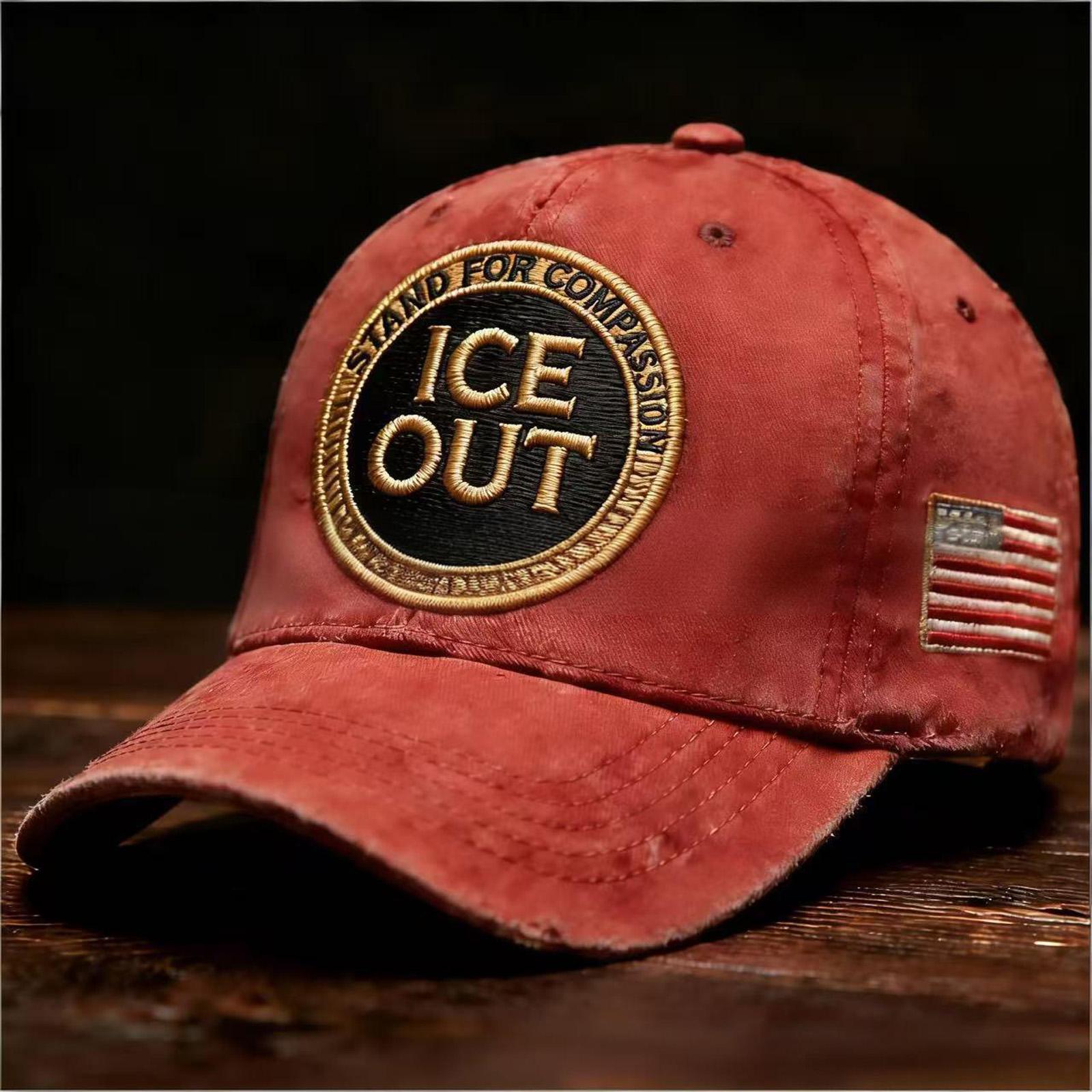 

ICE Out Embroidered Baseball Cap Stand For Compassion Kindness Vintage Distressed Hat With American Flag Detail One Size