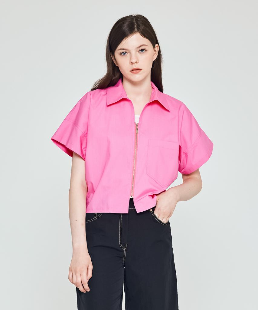 DEPASION Crop Oversized Zipper Collar Short Sleeve Shirt Jacket (Hot Pink)