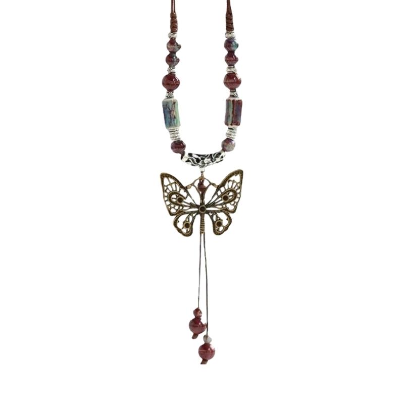 Handwoven Ceramic Butterfly Pendant Jewelry Bohemian Necklace Adjustable 80cm Wax Cord Lightweight Women Accessory