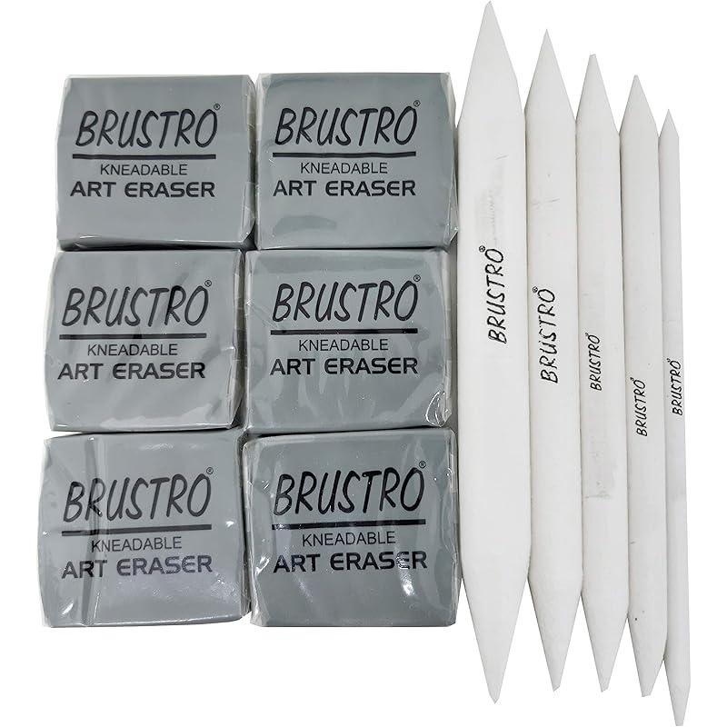 Brustro Kneadable Art Eraser - Pack Of 6 With Blending Stump Set | Ideal For Professional Art, Shading, Sketching, Clean