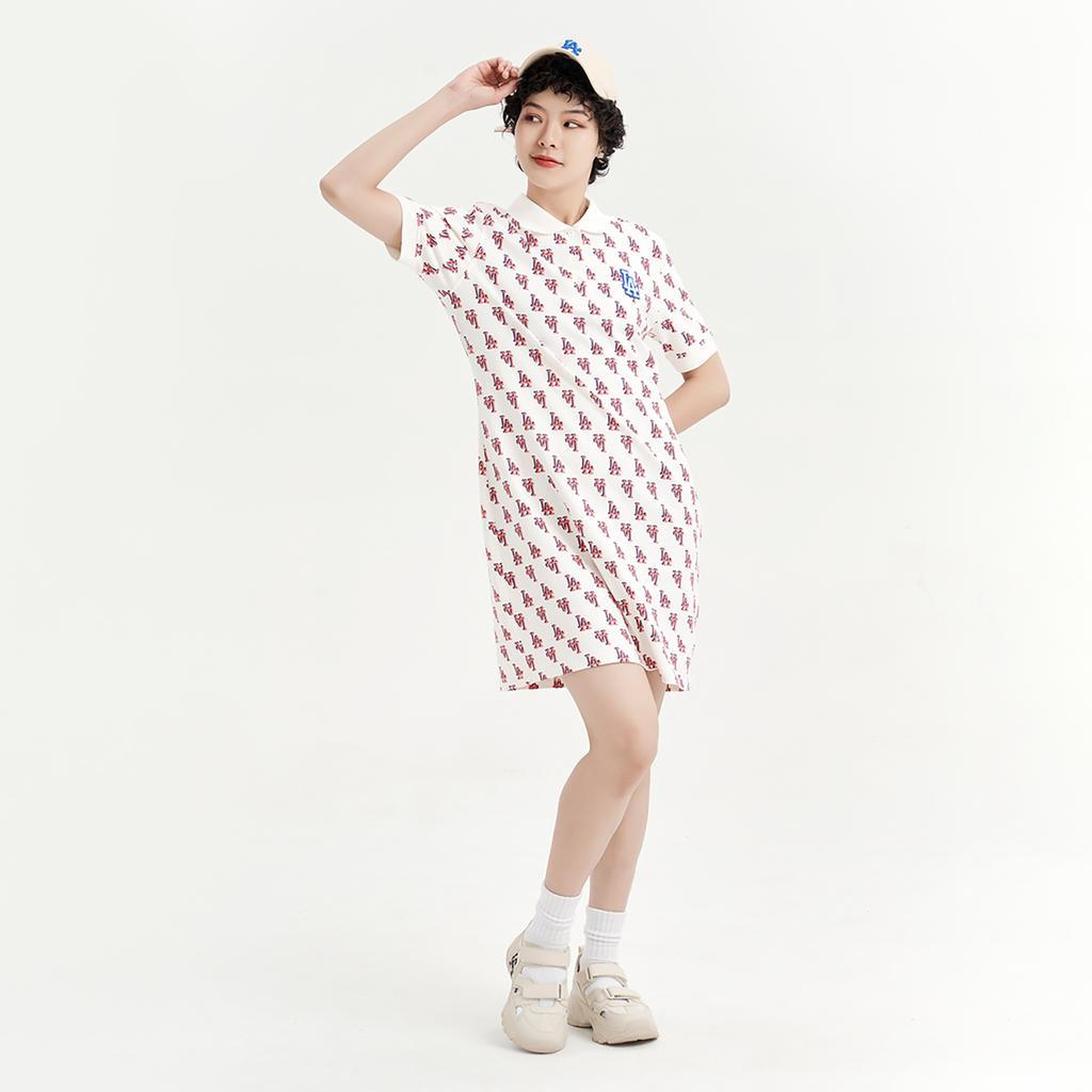 MLB Los Angeles Dodgers Polo Collar Interwoven Letter Mid Waist A-Line Casual Trendy Sports Short Sleeve Dress Women dresses Cream 3FOPM0233-07CRS