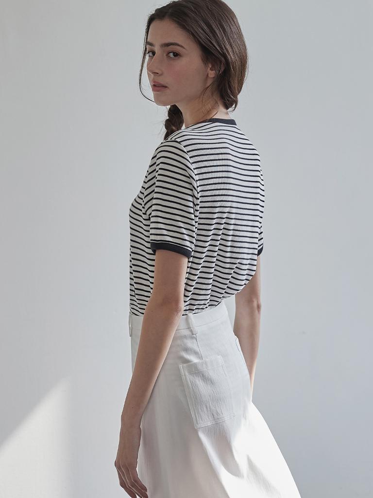 BEMUSE MANSION Ribbed Binding B Point T-Shirt - Black Stripe