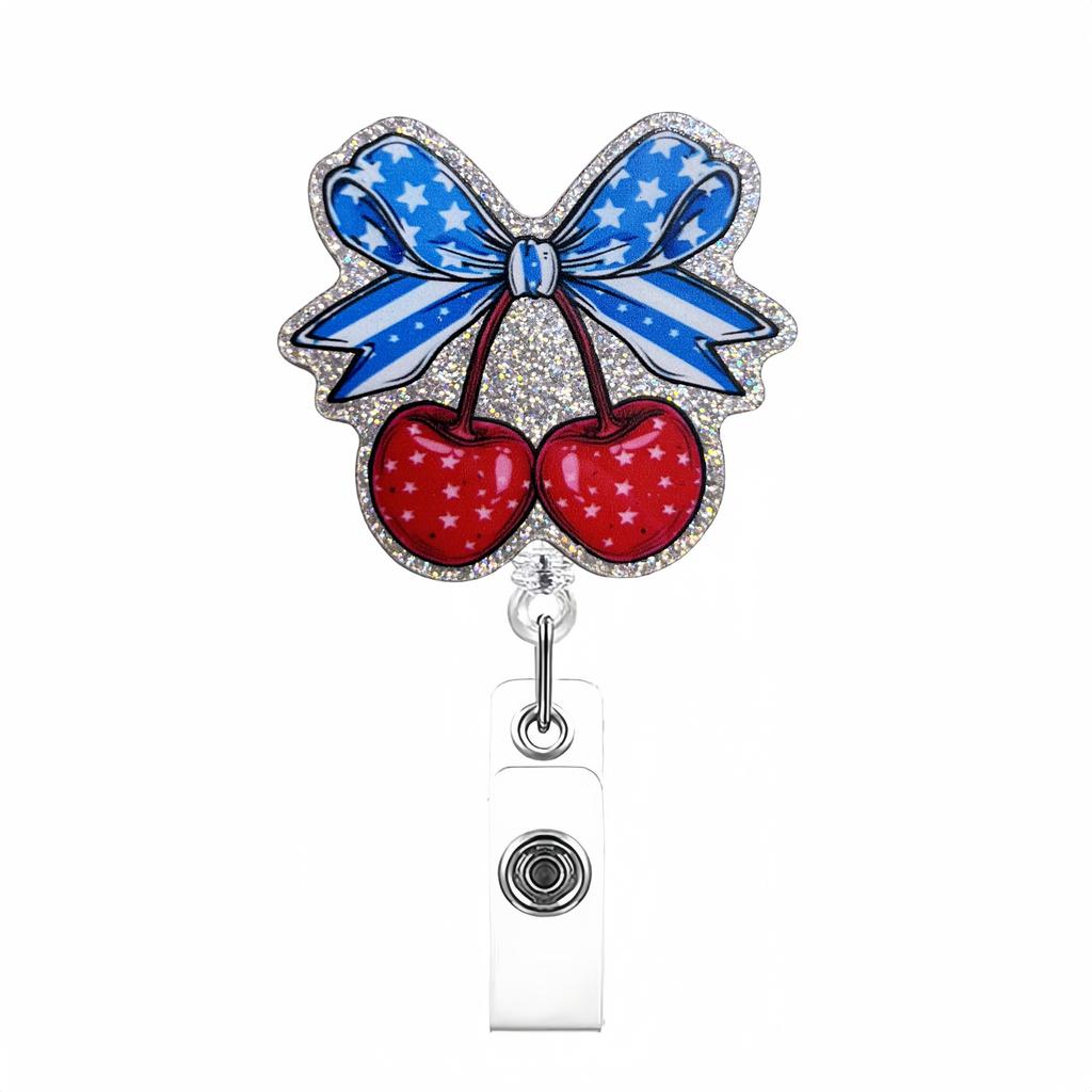 Bow Cherry Acrylic Badge Holder Sparkling Powder Medical Theme Retractable Pull Badge Reel Id Lanyard Name Tag Card Badge Holder