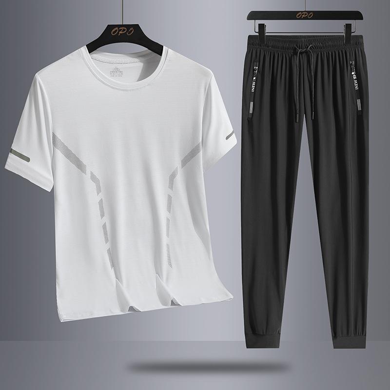 Men's Ice Silk Casual Sports Outdoor Loose Two Piece Set Breathable Quick Drying Round Neck T-shirt Pants