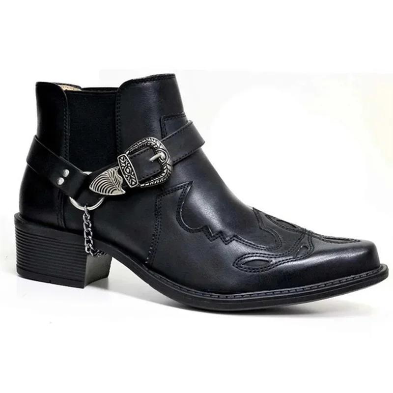 Fashion Men's Vintage Cowboy Boots Leather High Top Chain Buckle Strap Punk Shoes Pointed Toe Biker Boots Men