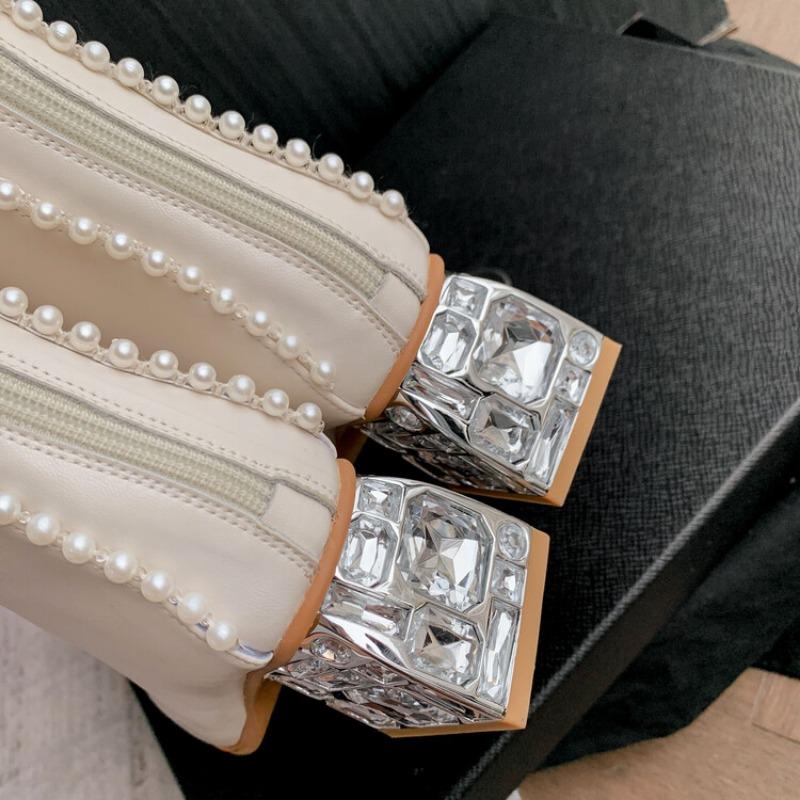 Fashion Black White Cowhide Pearl Edge Retro Knee High Boots New Autumn Winter 5.5cm Low Heel Commuting Shopping Fashion Warm Long Boots