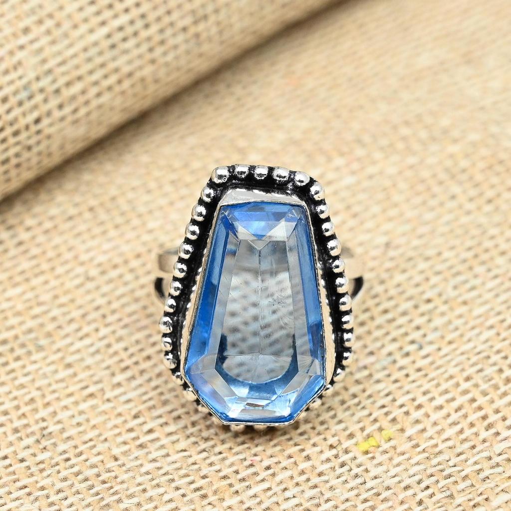 925 Sterling Silver Blue Topaz Gemstone Ring Beautiful Handmade Women Jewelry All Size