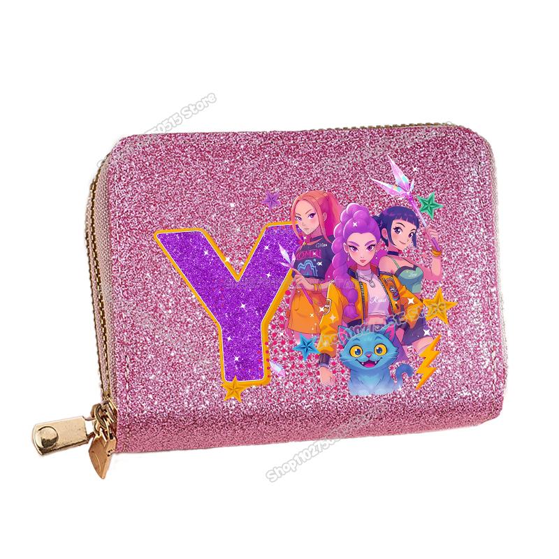 Korean Pop Demon Hunters Letter A-Z Women Short Wallet Bling Sequin Pu Leather Wallets Zipper Coin Purse ID Card Holder Girl Purse