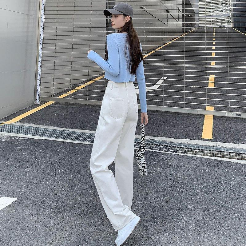 Wide-leg jeans for women and small men, new high-waisted white high-street narrow straight-leg pants in spring and autumn