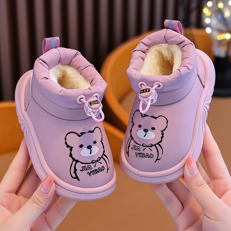 Niedliche Baumwoll-Schneestiefel mit Bärenaufdruck für Babyjungen und -mädchen - Winter-Slipper zum Hineinschlüpfen mit verdicktem Futter