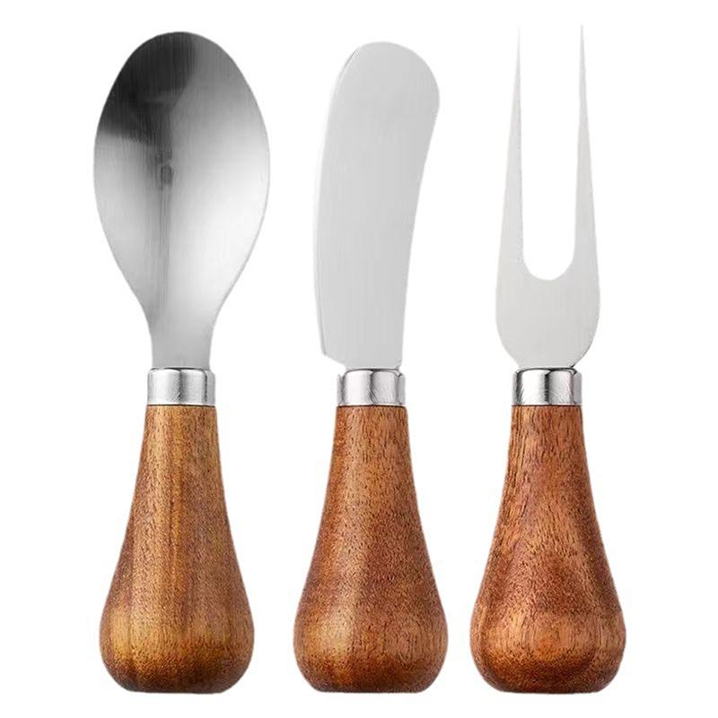 Stainless Steel Cheese Knives Cheese Fork Set Wooden Handle Butter Spatula Knife Cheese Spreader Jam Spreader Baking Tools