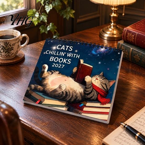 Academic Year Wall Planner 2027 Reading Cat Calendar, 7.87 x Inch Monthly Hanging Large Writing Grid with Thickened Paper And Spiral Binding for Home