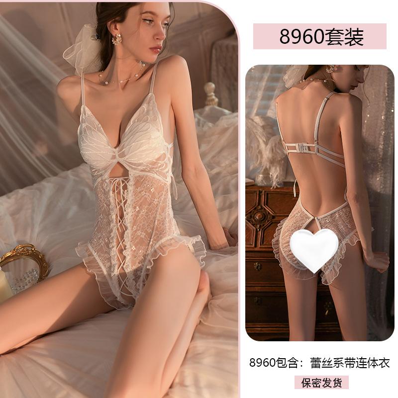 Exotic 2024 New Summer Fashion Women's Sexy Lace Pattern Pleated Skirt with Hollow Cross Pattern Open Back Tight Jumpsuit MRJV